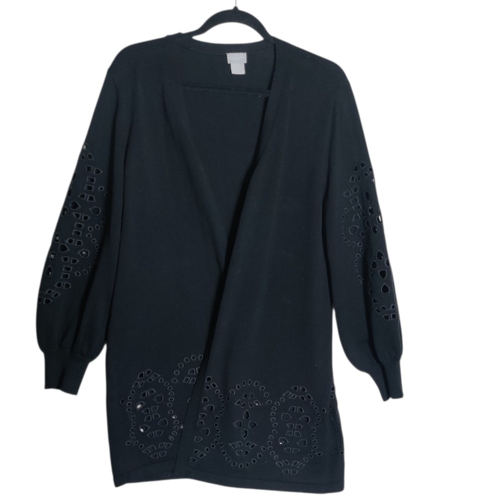 Chico's Black Eyelet Cutout Open Front Cardigan Sweater Size 2 L Longline‎ 1816
